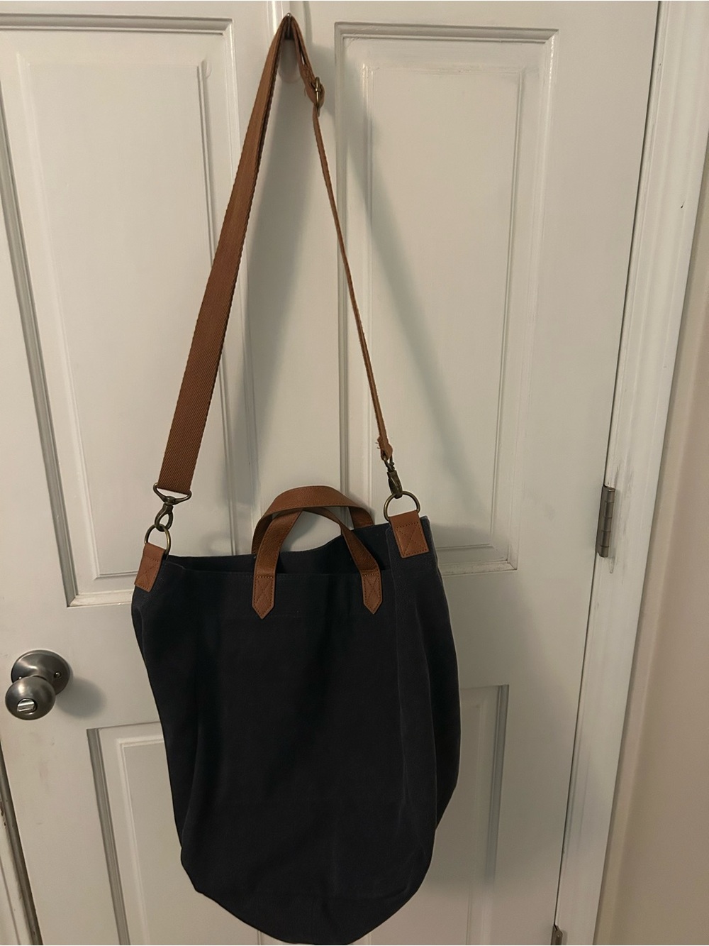 thirty-one Dark Navy Canvas Tote with Tan Leather Accents